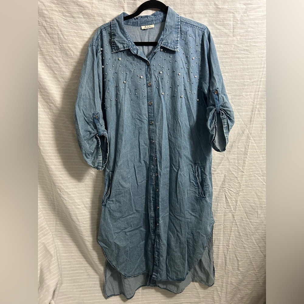MPH Collection Blue CHAMBRAY Embellished Shirt Dress Button-Up SZ 3X B51